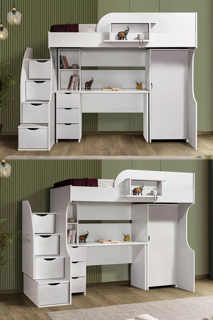 Lits superposés, Litera avec Armoire et Bureau, Blanc 1 Matelas Comfort