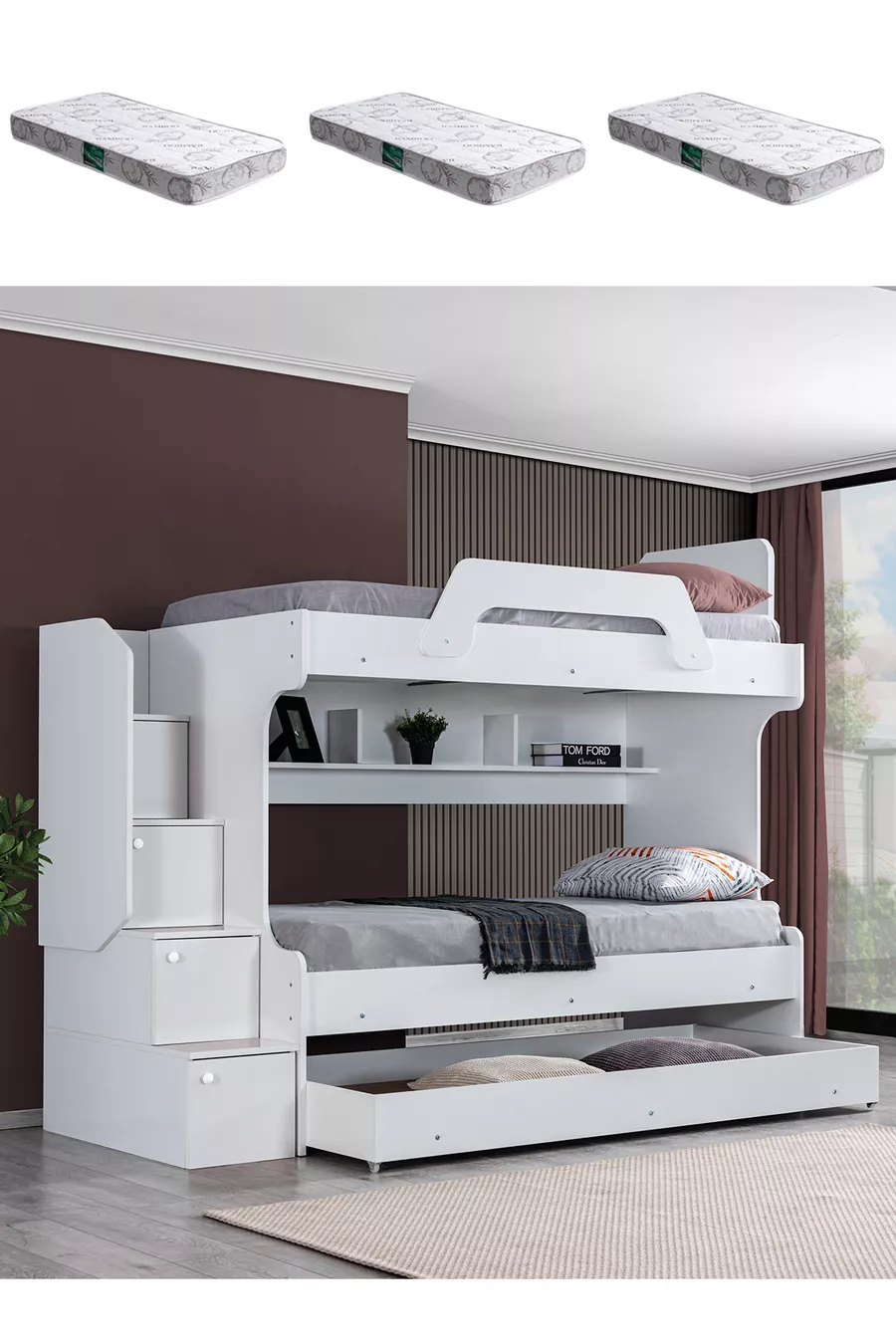 Lits superposés, Lit superposé avec nid d'ange en perle blanc, Lit superposé avec nid d'ange - 3 matelas confort