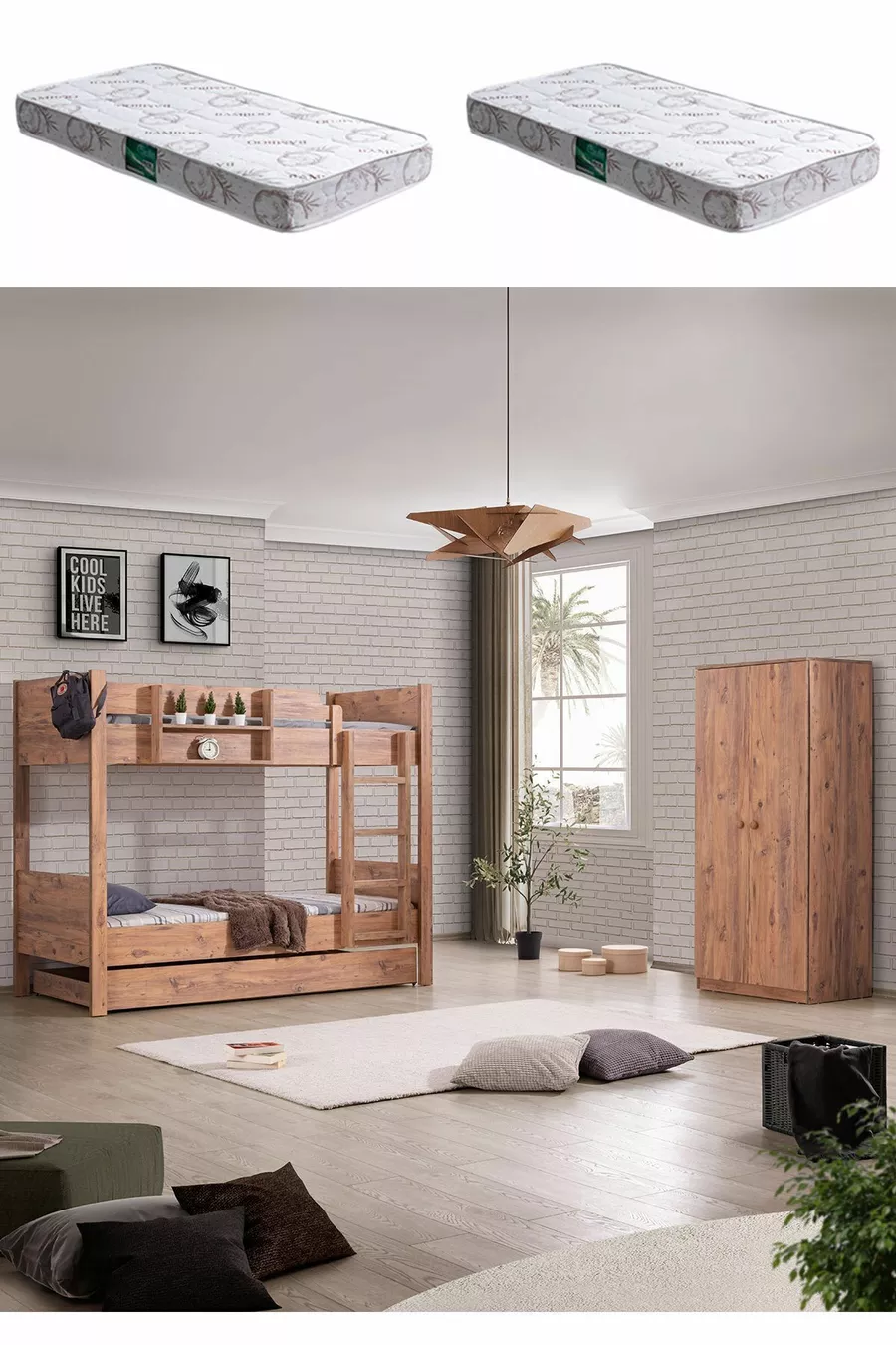 Ranza, Letto a castello smontabile Asia con armadio a 2 ante e 2 materassi Comfort