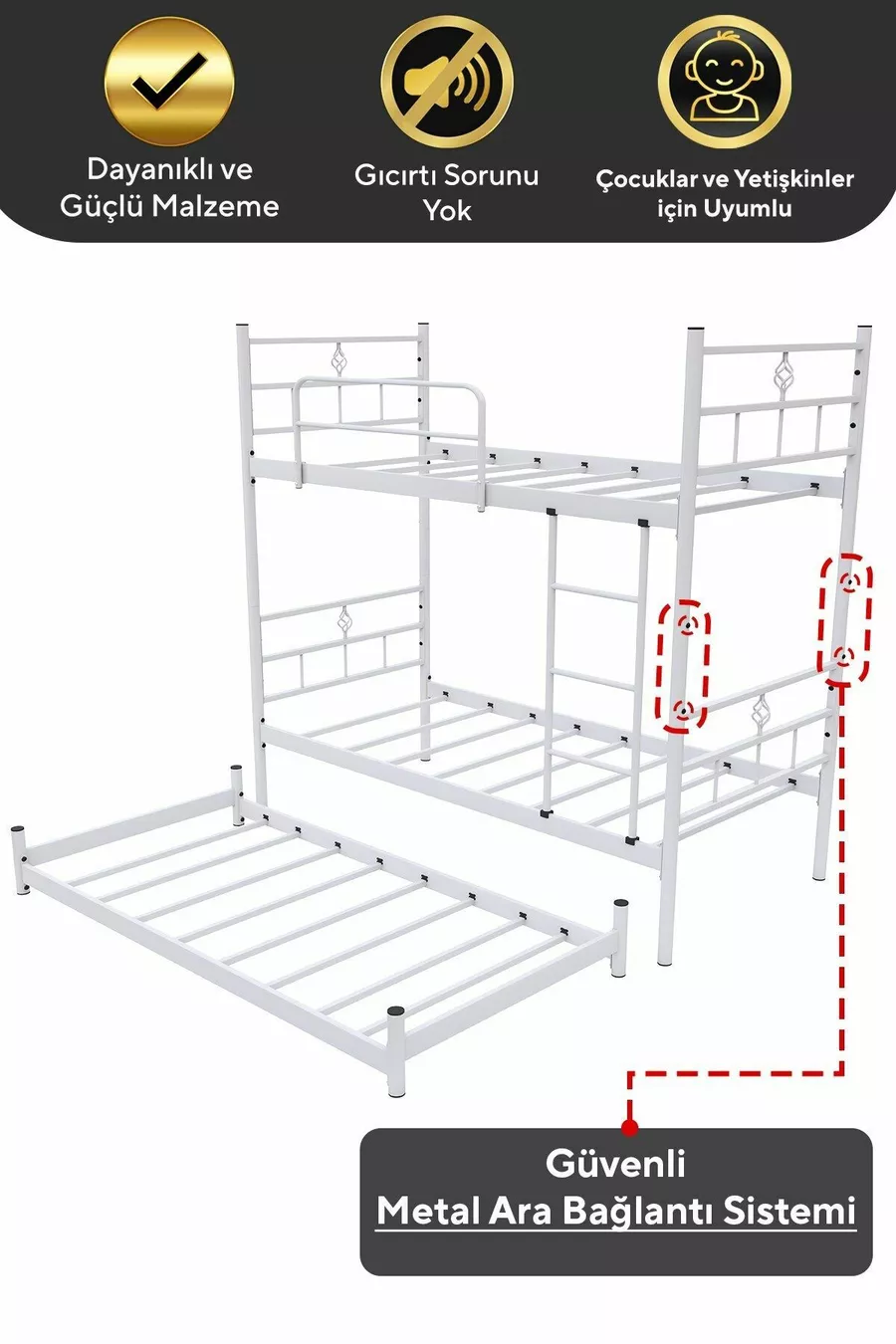Lit superposé Koza avec tiroir, compatible pour 3 personnes, métal blanc