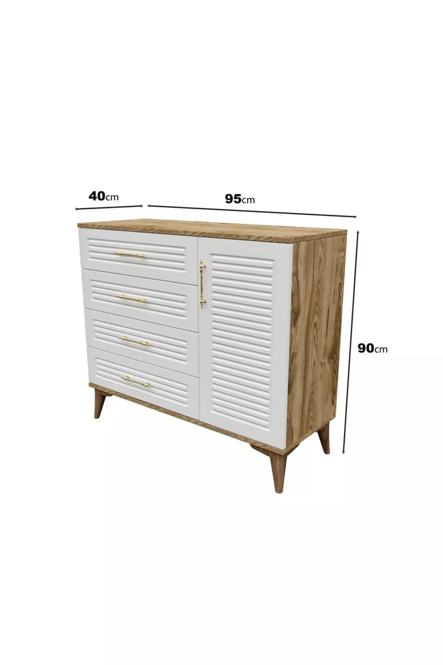 Commode moderne à 4 tiroirs et 1 porte avec volets, design moderne, porte en MDF, bois de noyer écru