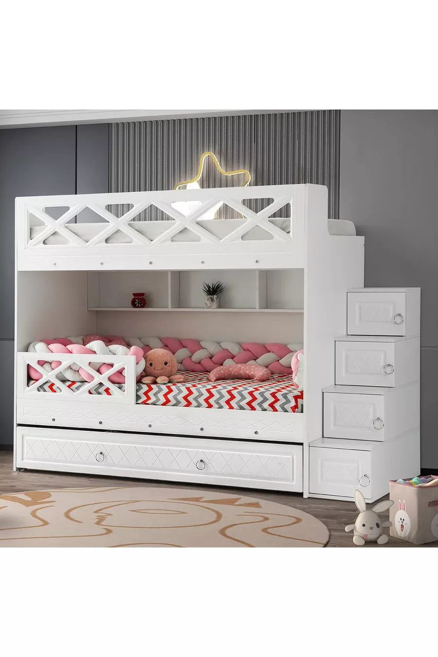 Mars Bunkbed met Lade Wit MDF met Stalen Ondersteuning, MDF Membranen Bekleding % MDF