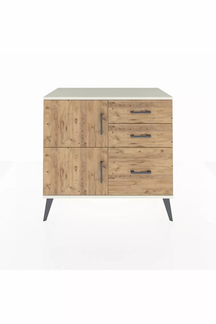 Commode Hyperion à une étagère, 3 tiroirs et 2 portes, Pierre de lune-Pin