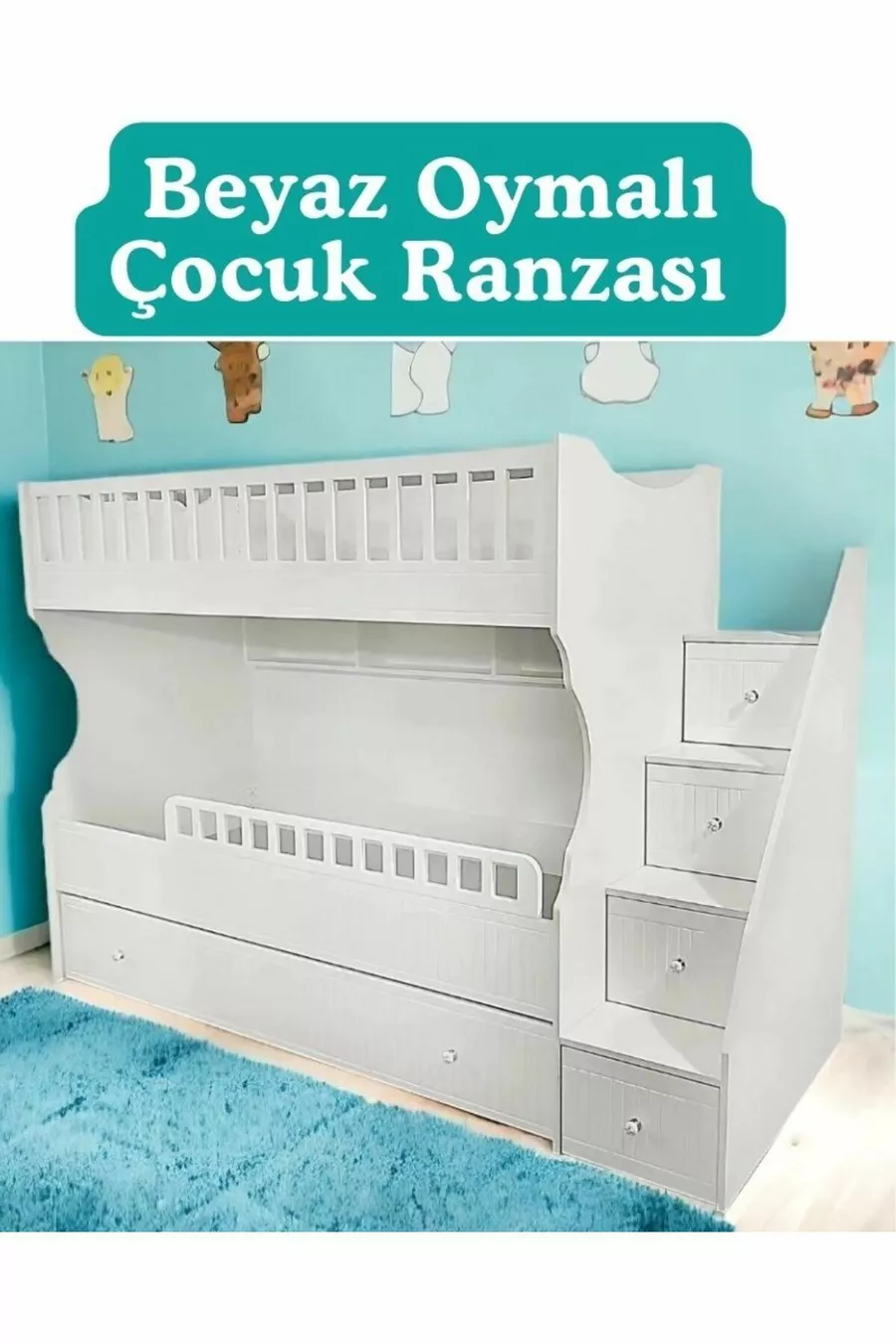 Letto a castello bianco intagliato per bambini
