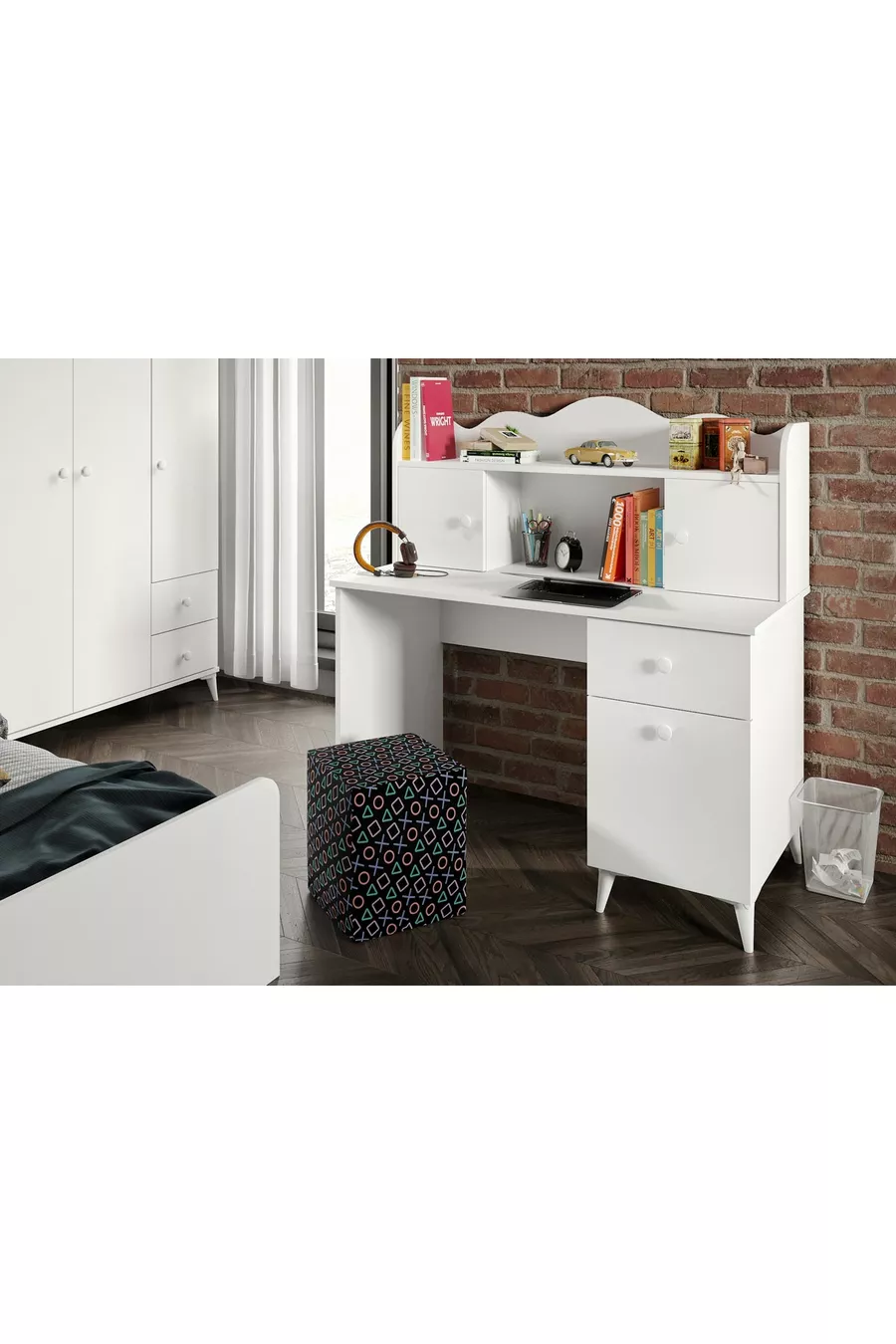 Ensemble chambre d'adolescent moderne Akasya blanc - 4 pièces et entièrement en MDF de première qualité