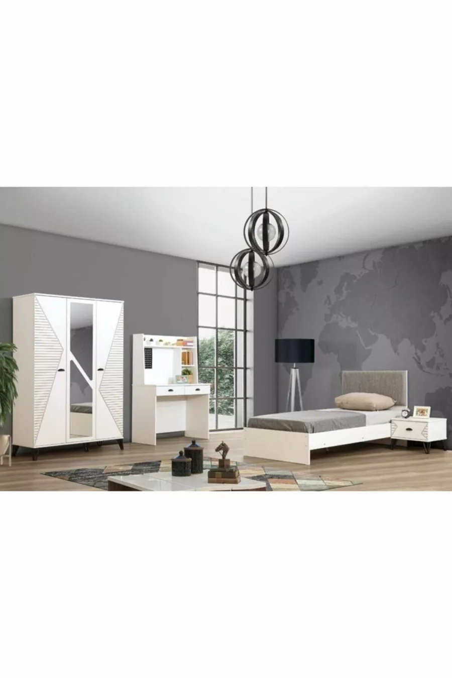 Chambre d'enfant Safir - Armoire 3 portes, Lit, Table de chevet, Bureau