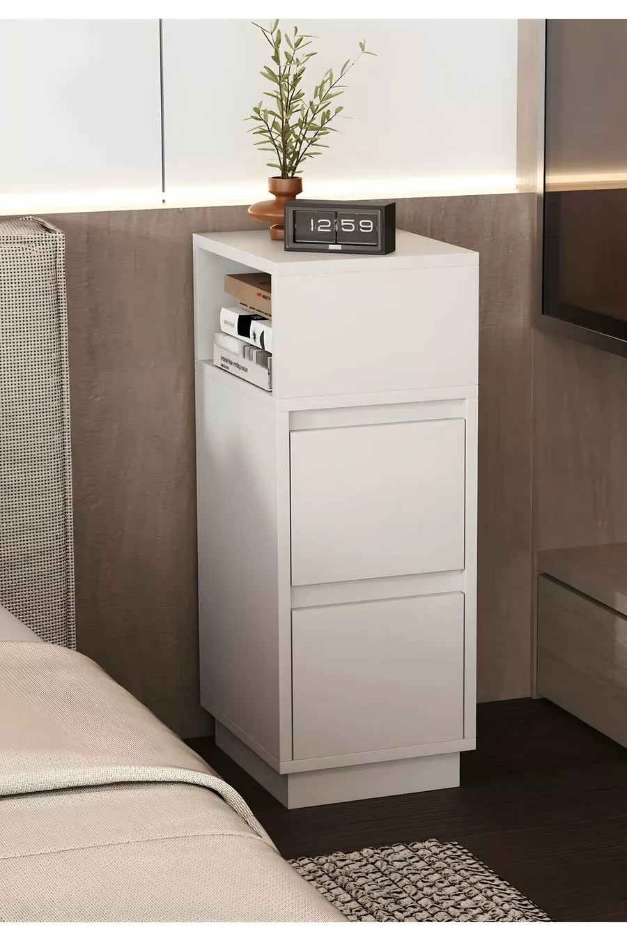 Table de chevet Alve étroite – 2 tiroirs, table d'appoint latérale avec compartiment ouvert amovible, pour chambre à coucher et salon M