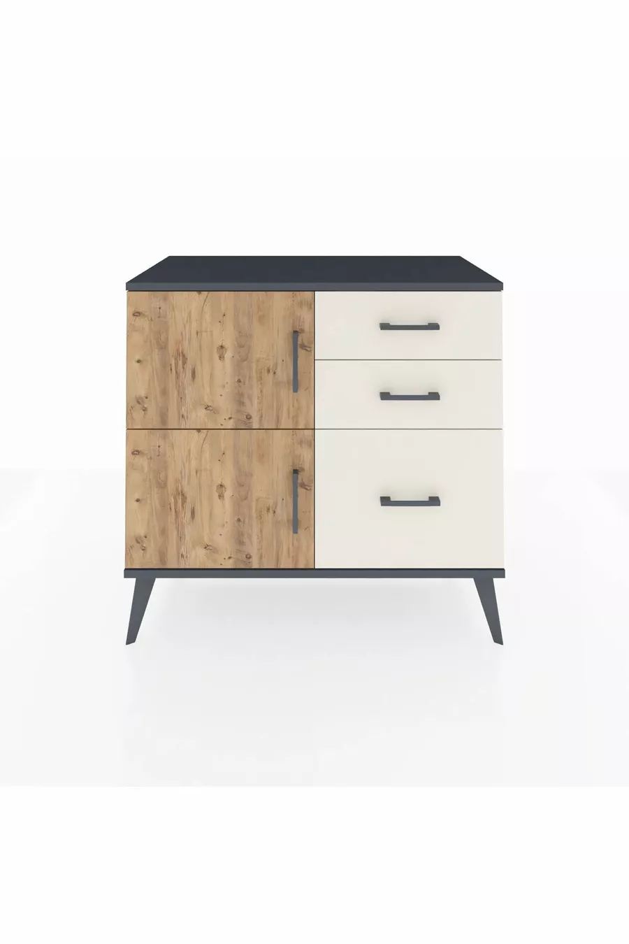 Commode Hyperion à une étagère, 3 tiroirs et 2 portes Anthracite-Sapin/Pierre de lune