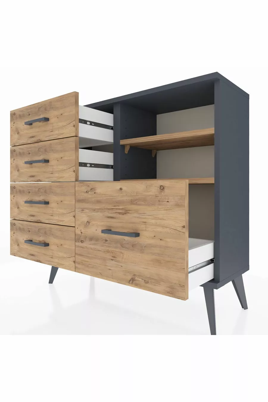 Commode Arges 2 étagères 5 tiroirs Anthracite-Pin
