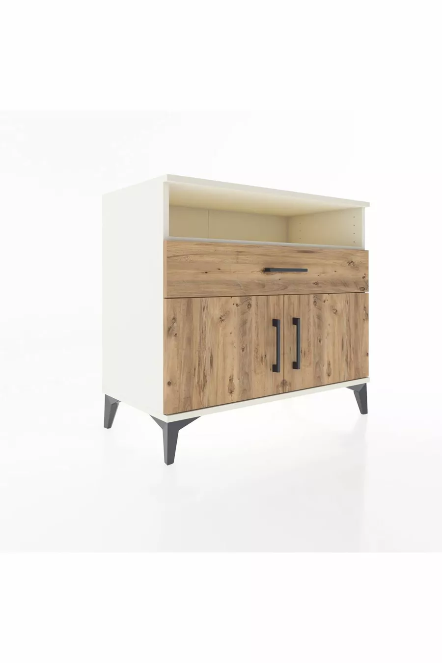 Commode Hyperion à une étagère, un tiroir et deux portes, Ambre-Débord de pin