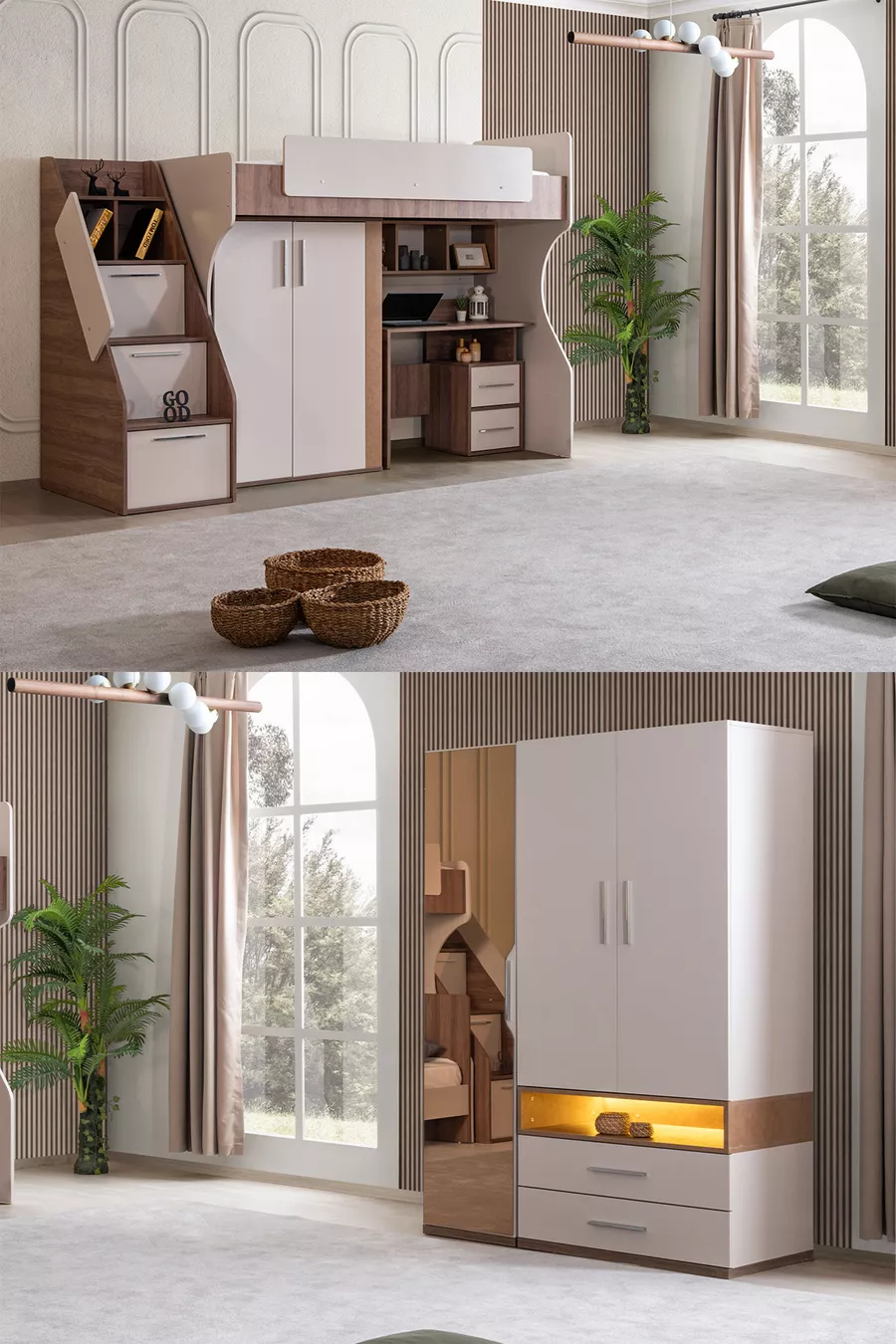 Etagenbett, Milano Jugendzimmer Set mit Schreibtisch und Schrank, Modernes Etagenbett + Dreitüriger Moderner Schrank