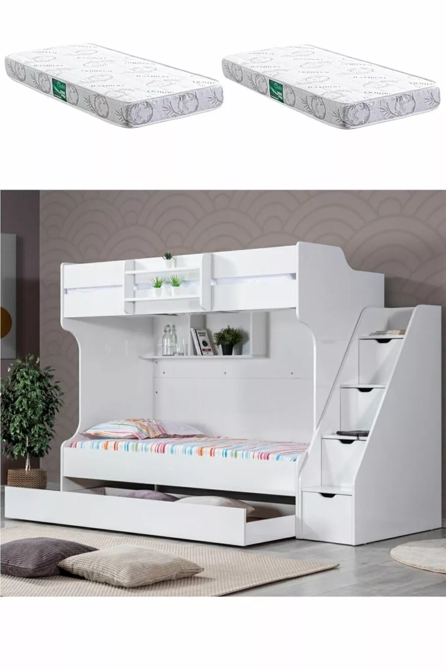 Lits superposés, Lit superposé avec tiroirs Kardem - Blanc + 2 matelas Comfort