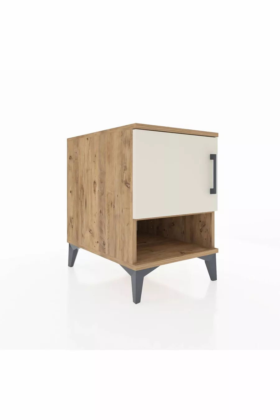 Table de chevet Kronos à 2 étagères avec 1 porte, pin-pierre d'onyx