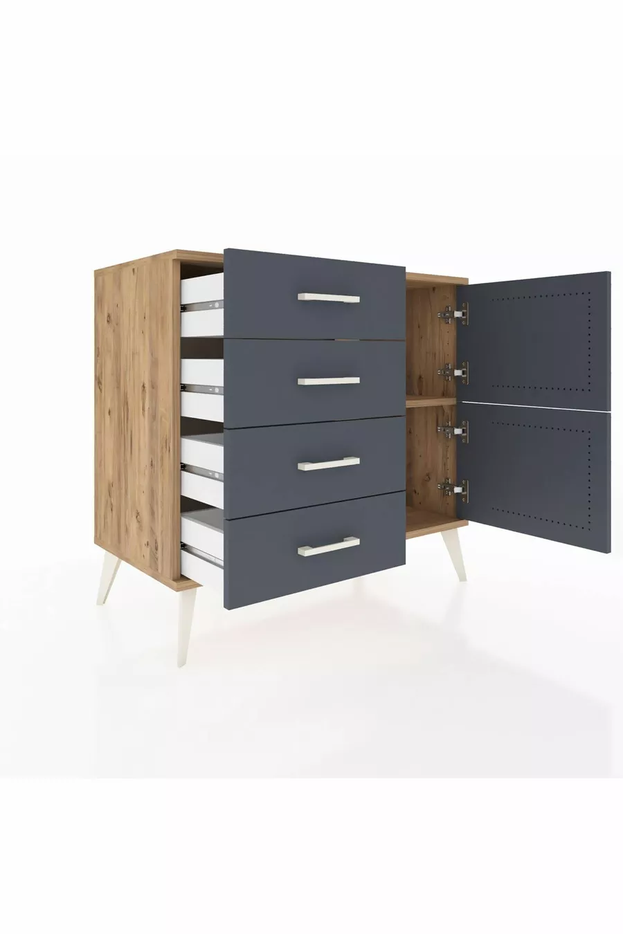Commode Hyperion à une étagère, 4 tiroirs, 2 portes, pin-anthracite