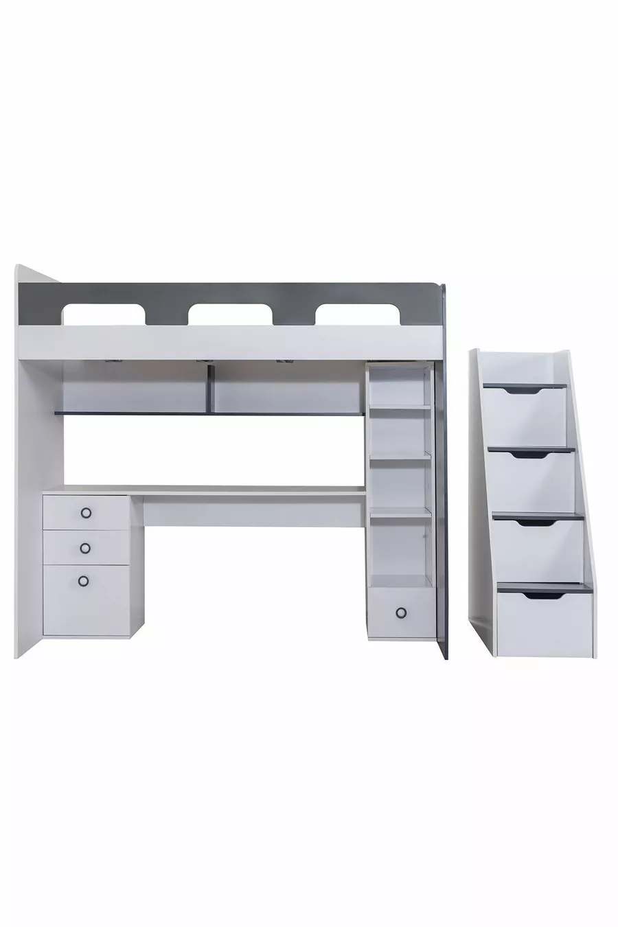 Lit superposé, bureau et bibliothèque Troya - Anthracite, 1 matelas Confort