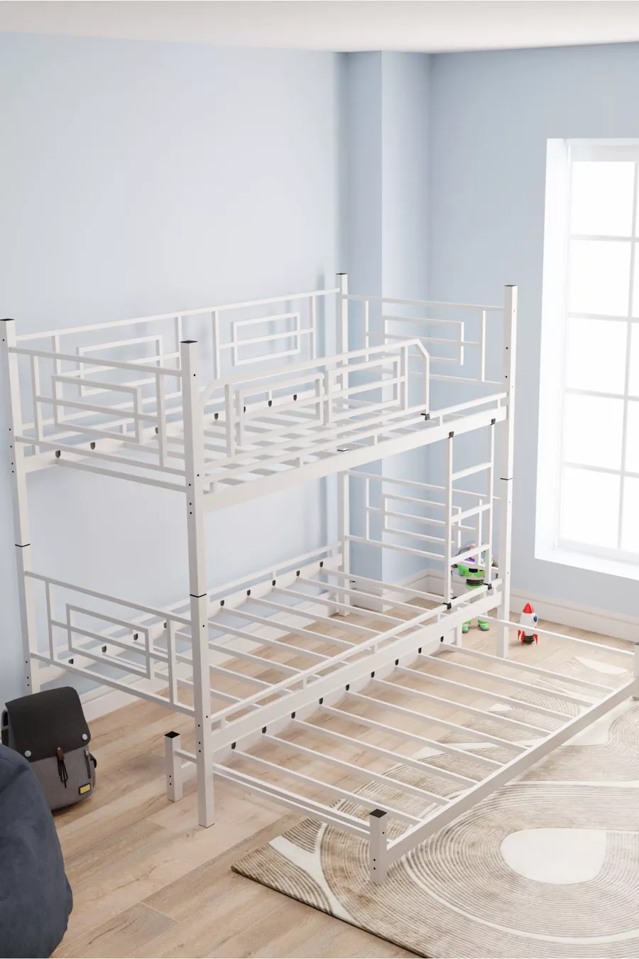 Letto a Castello e Letto Singolo in Metallo per Cameretta dei Bambini Defne Yavrulu Bianco