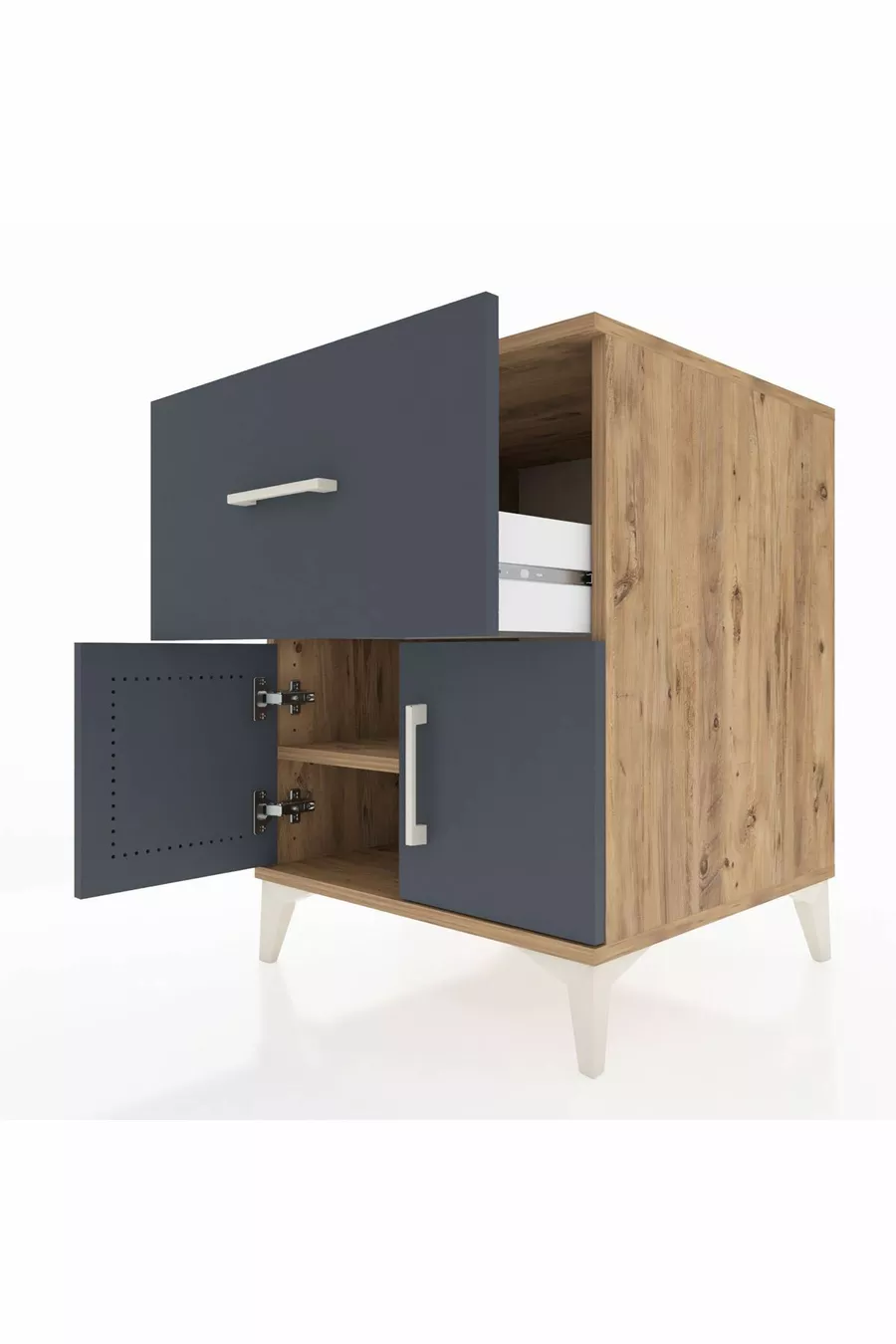 Table de chevet Kronos avec une étagère, un tiroir et deux portes, pin-anthracite