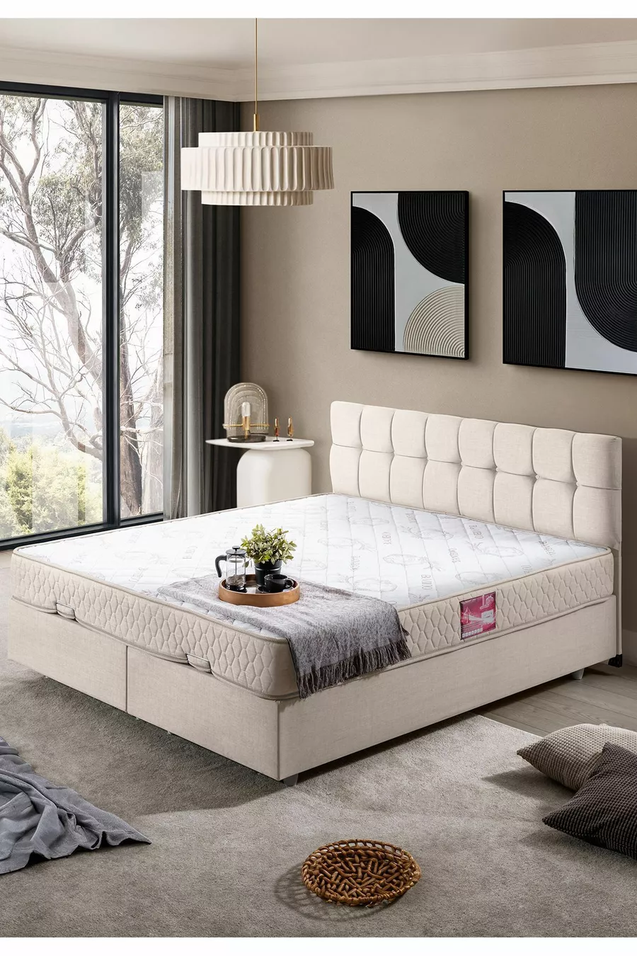 Berlin Double Bed Base and Headboard Set, Cream