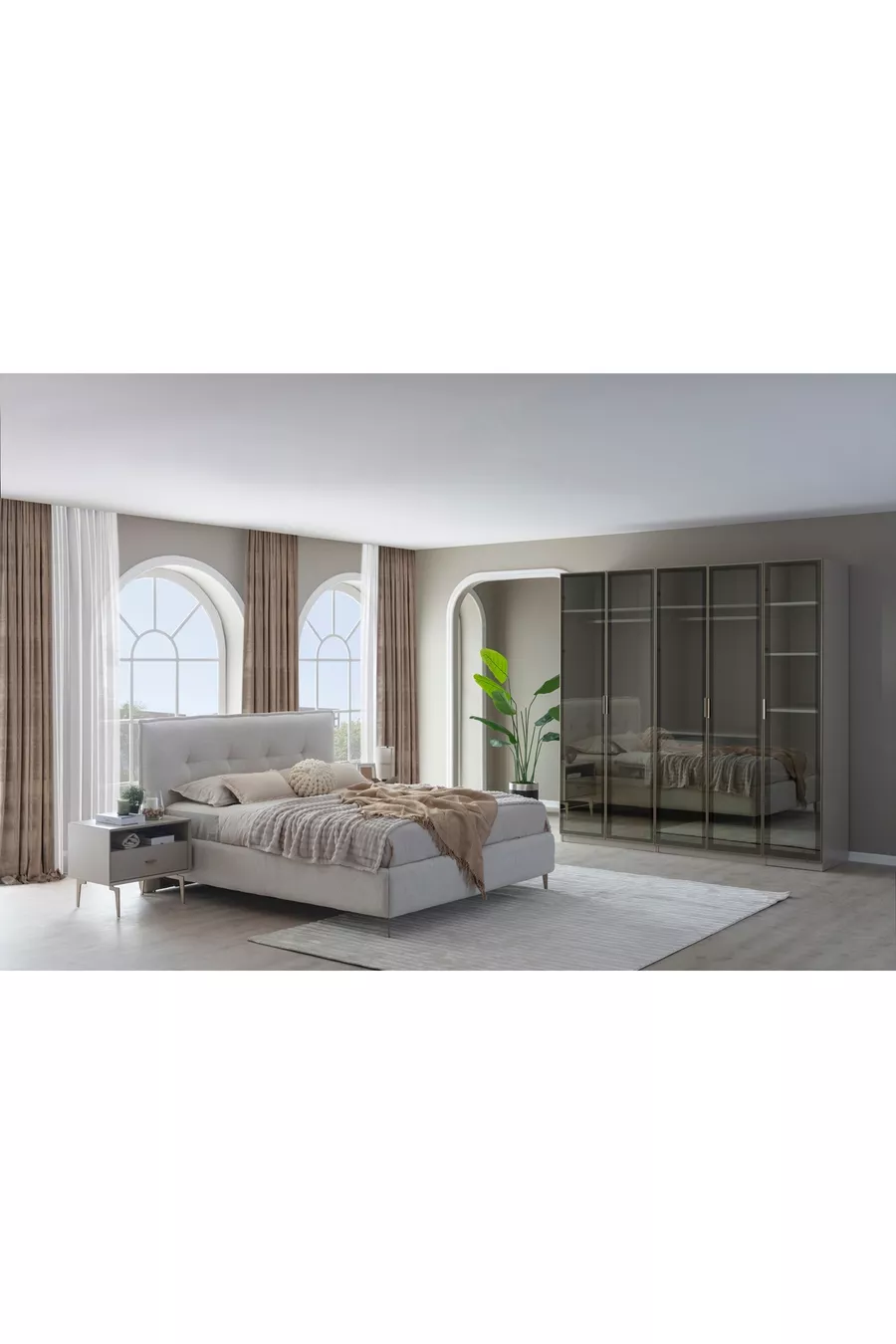 ENSEMBLE DE CHAMBRE PANDOR NOX AVEC VERRE, CRÈME, 5 PORTES