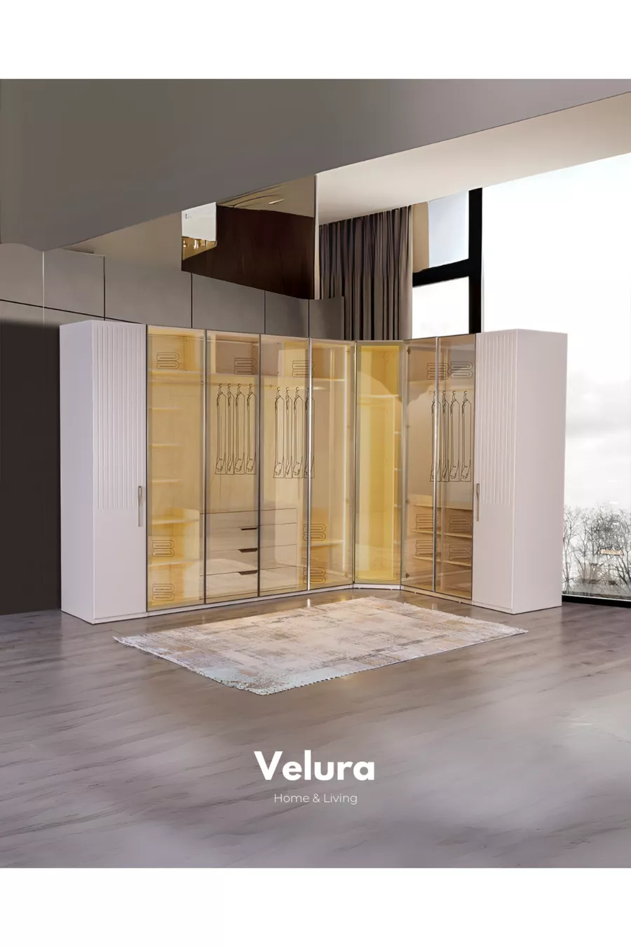 Tress Schlafzimmer Set (9-türiger Eckschrank + Kommode + Nachttisch + Bettgestell)