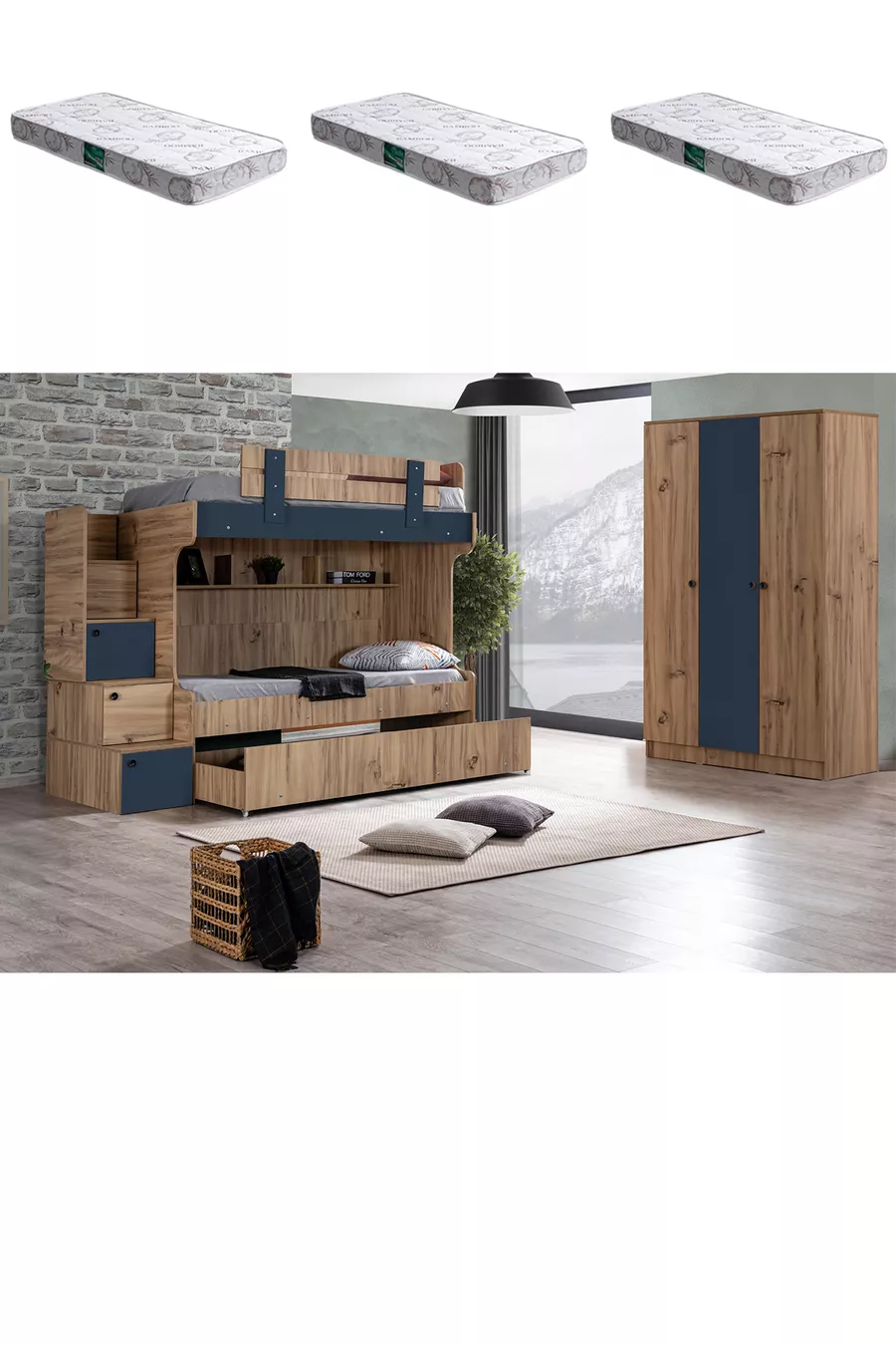 Кровать-чердак Riva с двумя ярусами + шкаф с 3 дверцами + 3 матраса Comfort