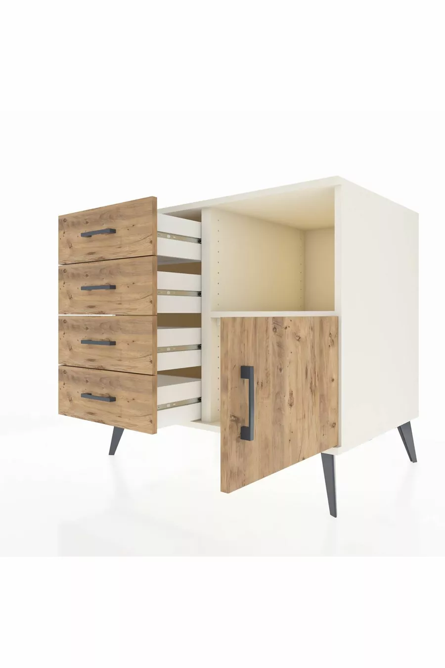 Commode Kronos avec une étagère, 4 tiroirs et une porte, Pierre de Lune-Pin