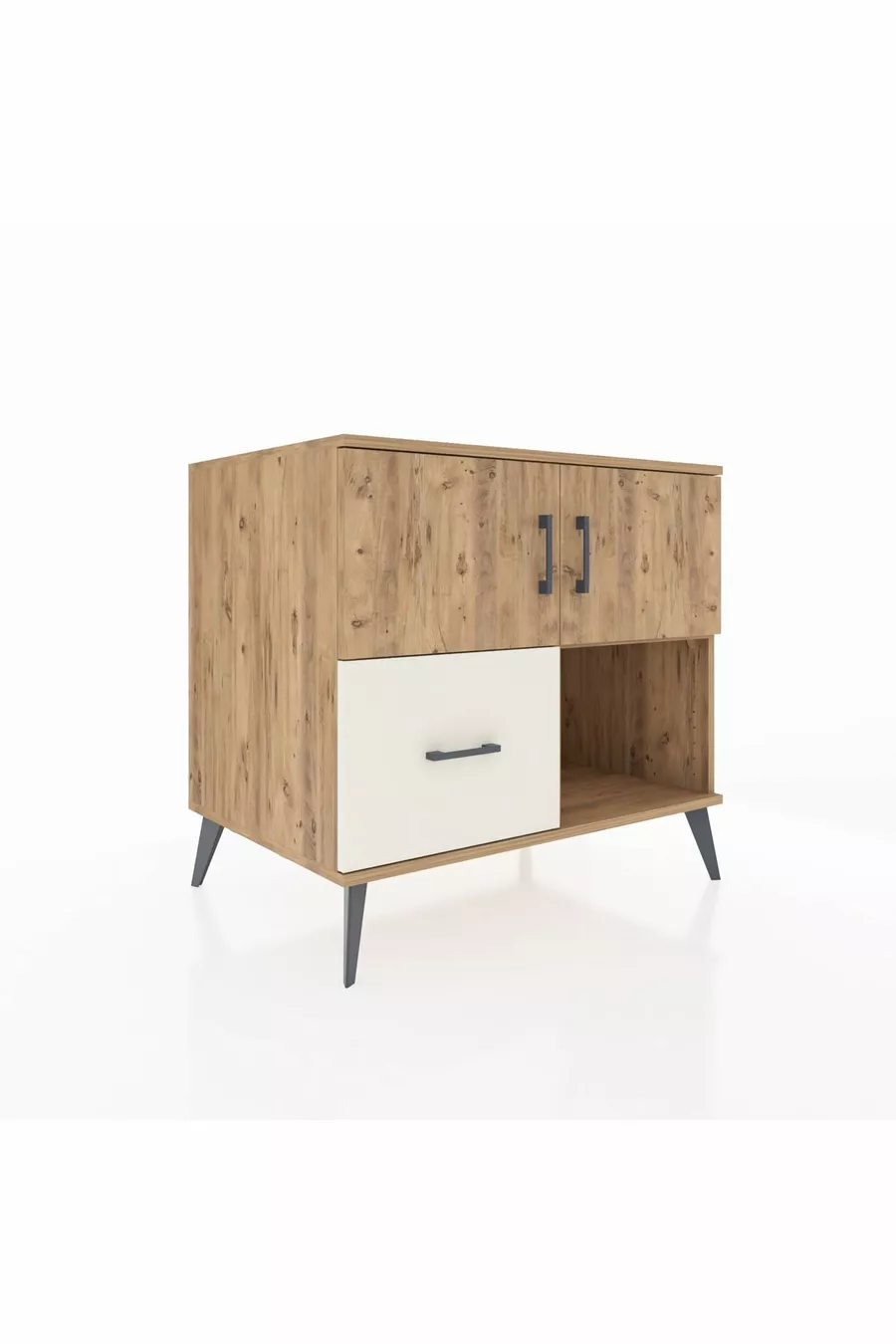 Commode Kronos avec 2 étagères, 1 tiroir, 2 portes, en pin-Pin/Grès