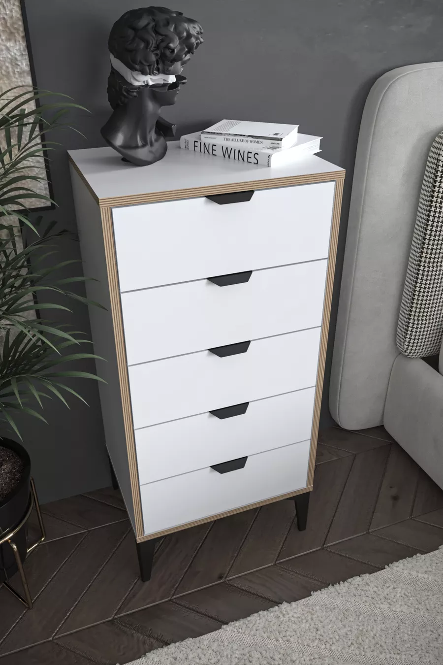 Commode Arden 5 tiroirs, panier à linge