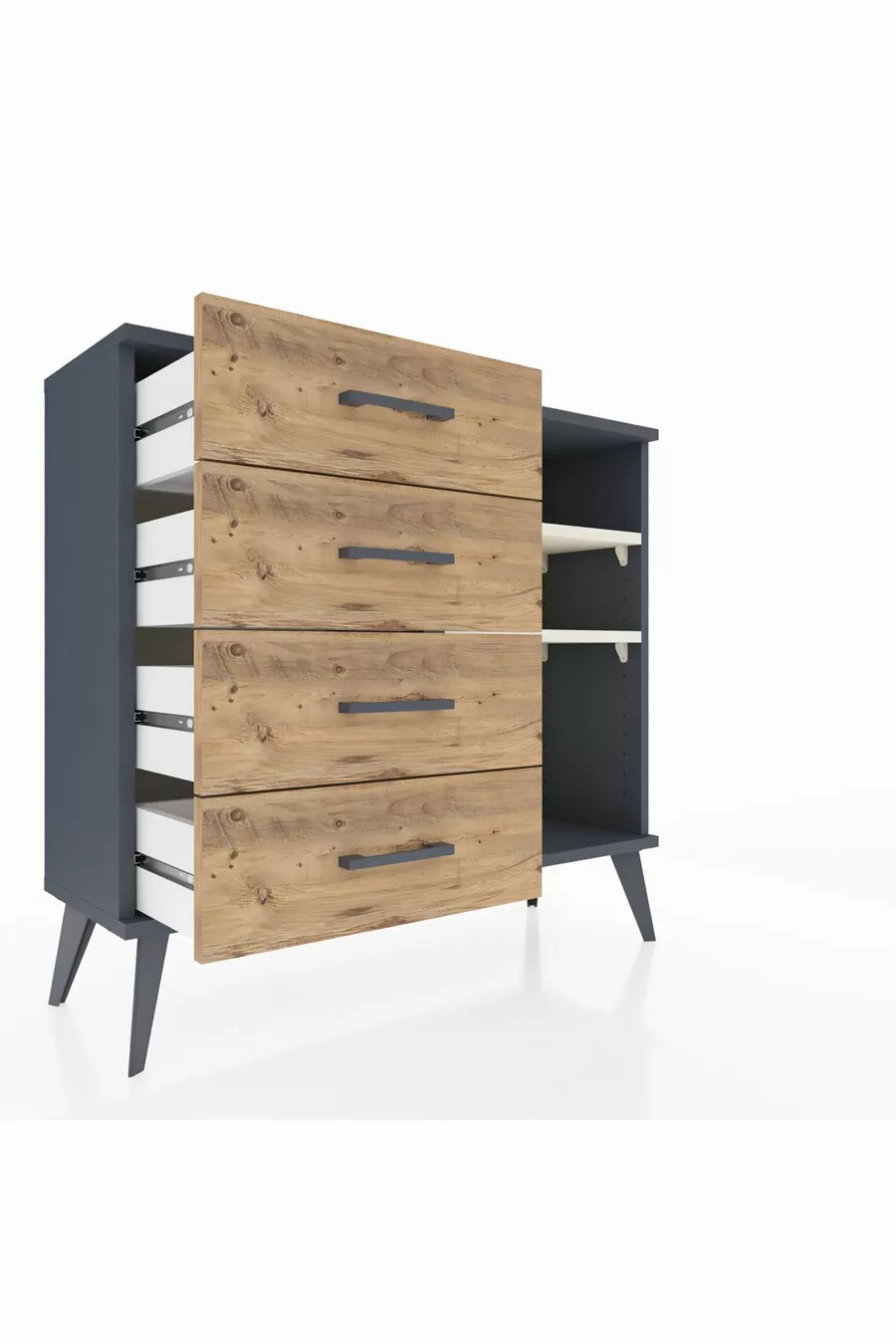 Commode Arges 2 étagères 4 tiroirs Anthracite-Pierre de lune/Merisiers