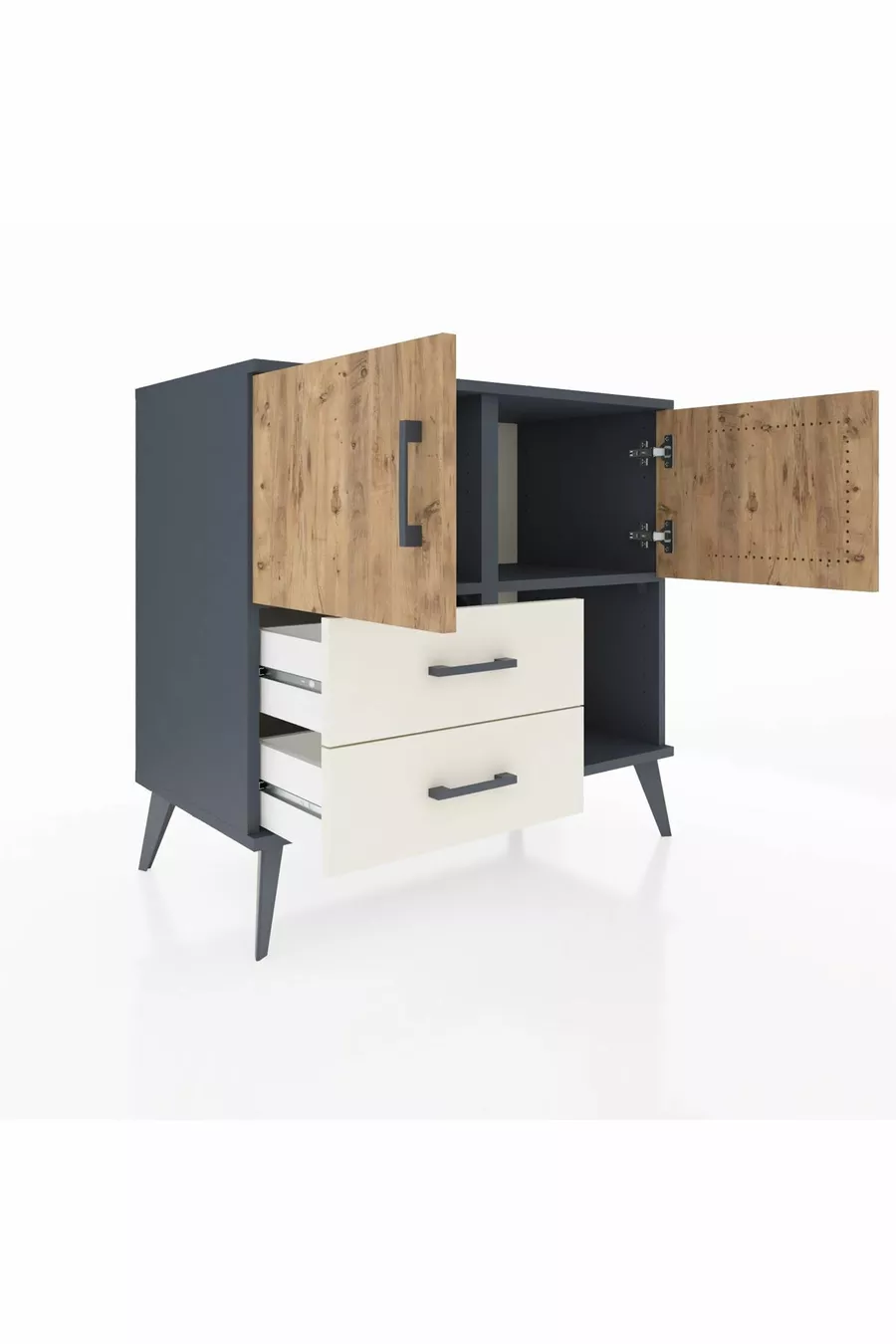 Commode Hyperion 2 étagères 2 tiroirs 2 portes Anthracite-Pin/Gris pierre