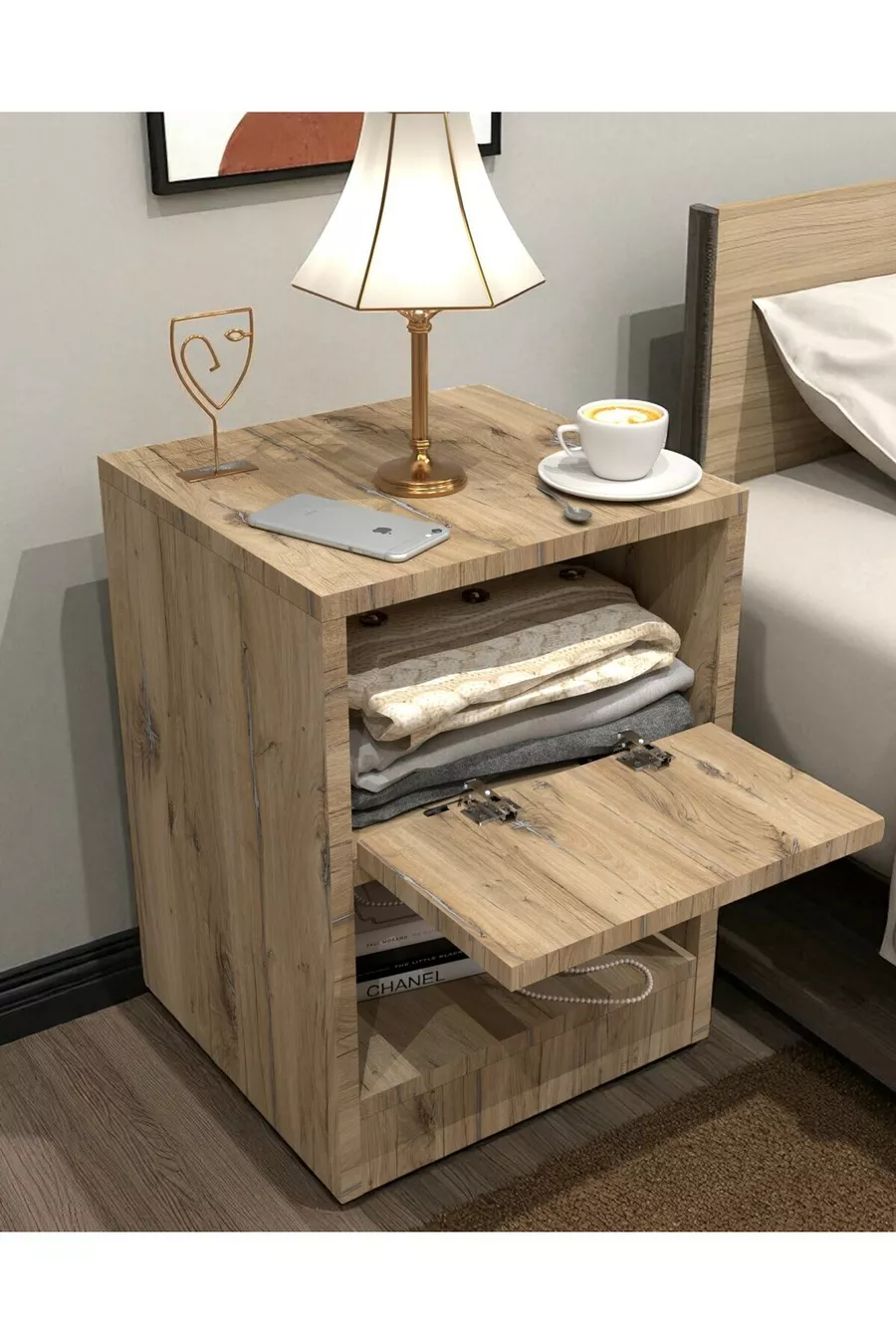Bedside table with lock and secret compartment, MDF, delivered assembled, no assembly required