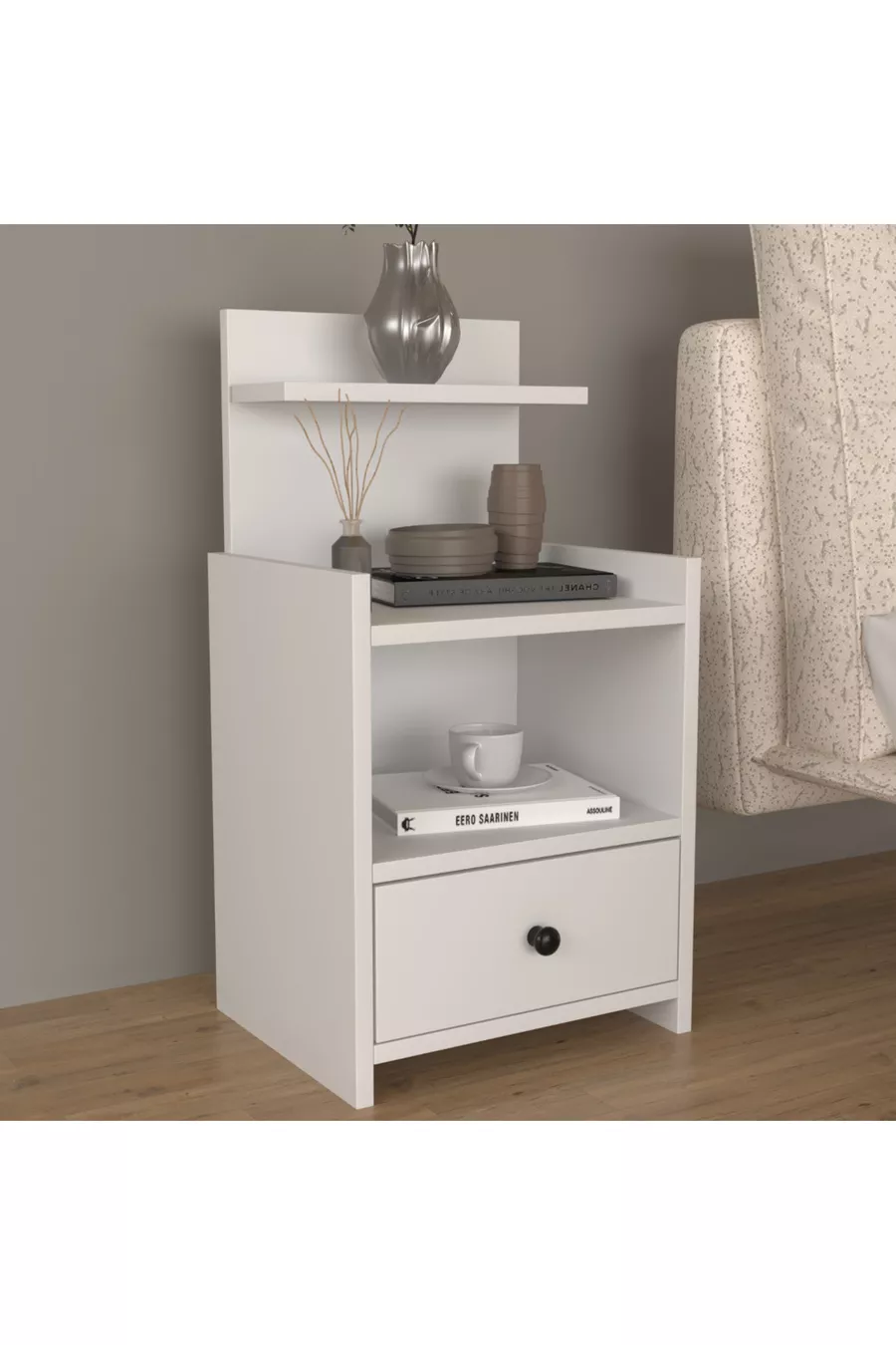 Модерен нощен шкаф с рафтове и чекмеджета, 100% MDF