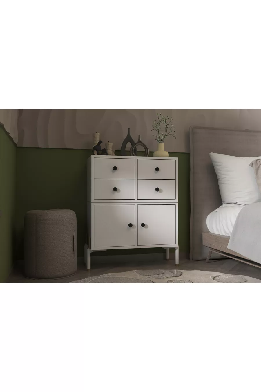 Commode modulaire à 4 tiroirs + 2 portes – Pieds en métal, rangement polyvalent