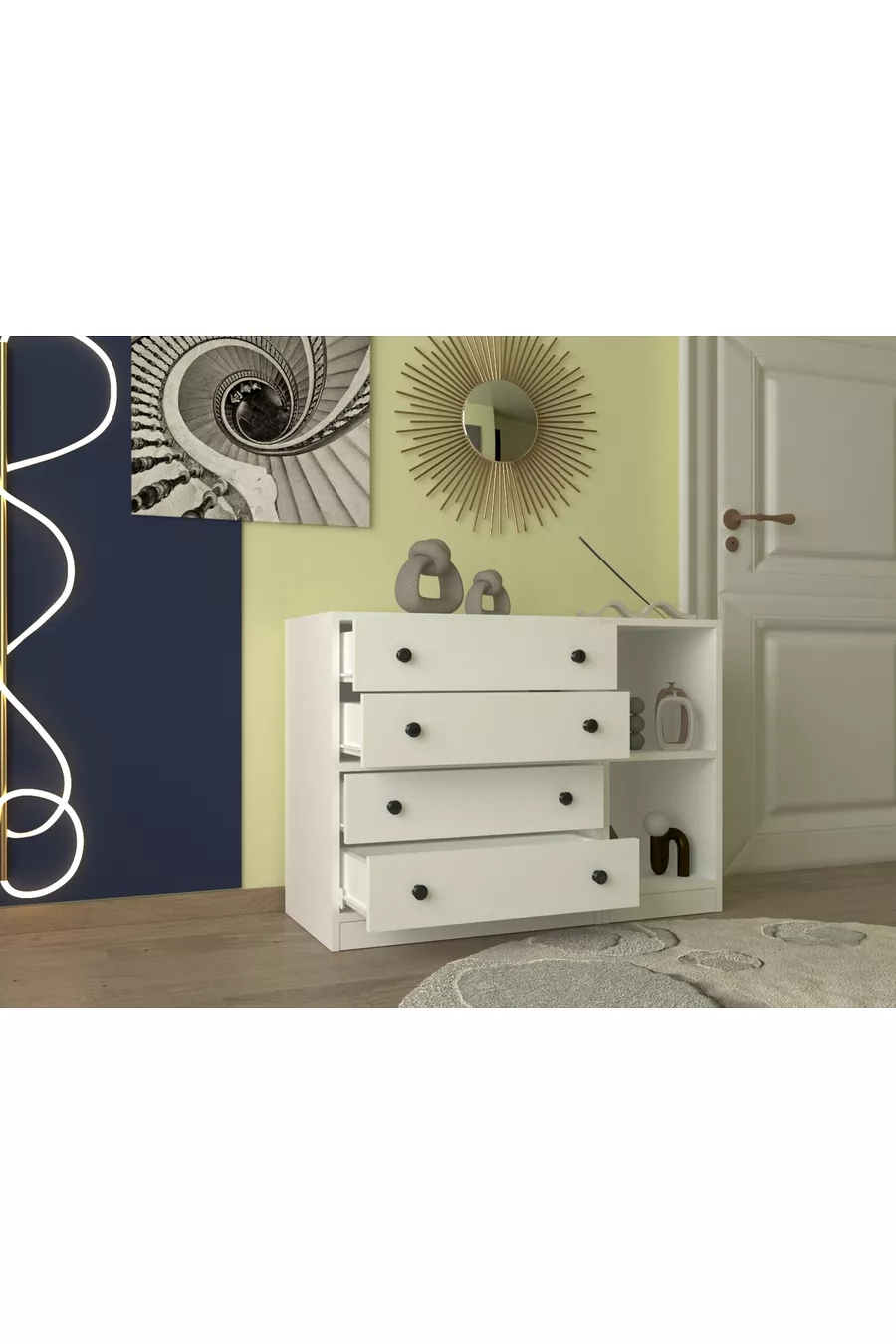 Unité de rangement modulaire avec 4 tiroirs, commode à étagères ouvertes et table de chevet