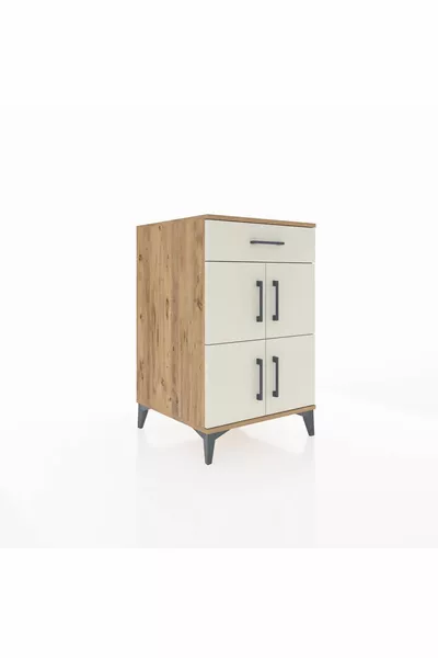 Kronos Nightstand with One Shelf, One Drawer, and Four Doors Pine-Gray Marble