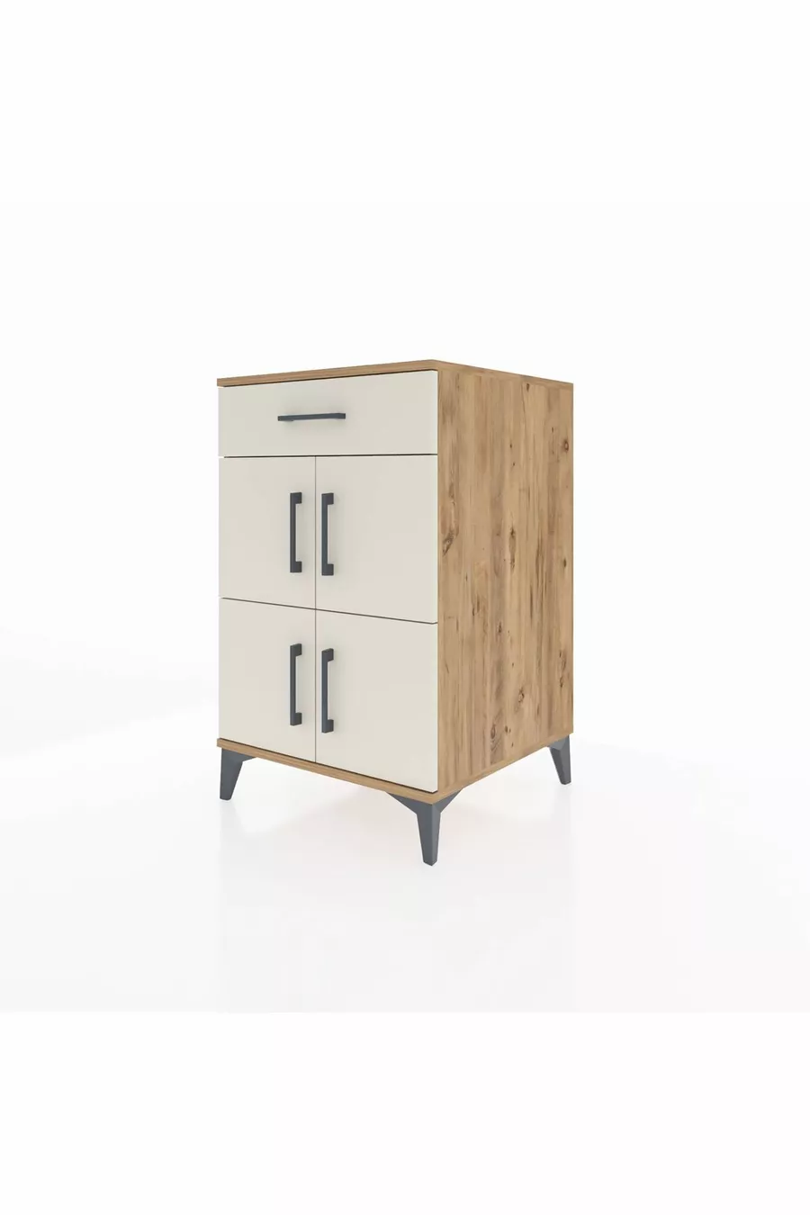 Table de chevet Kronos avec une étagère et un tiroir, 4 portes, pin-pierre de lave