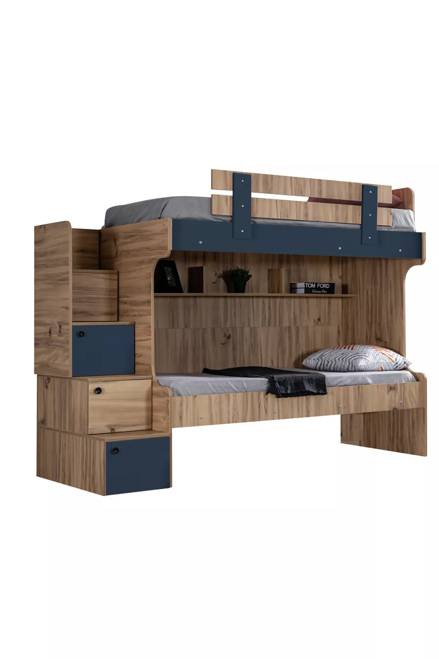 Hochbett, Riva Etagenbett mit 2 Betten + 3-türiger Schrank + 2 Komfortmatratzen