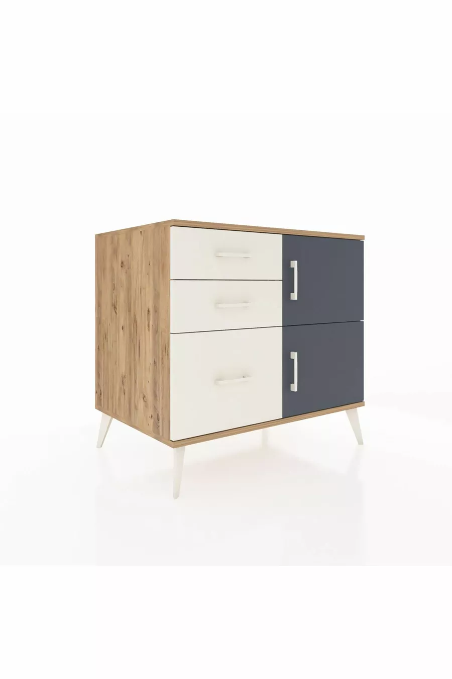Commode Kronos à une étagère, 3 tiroirs et 2 portes, pin-anthracite/pierre de lune