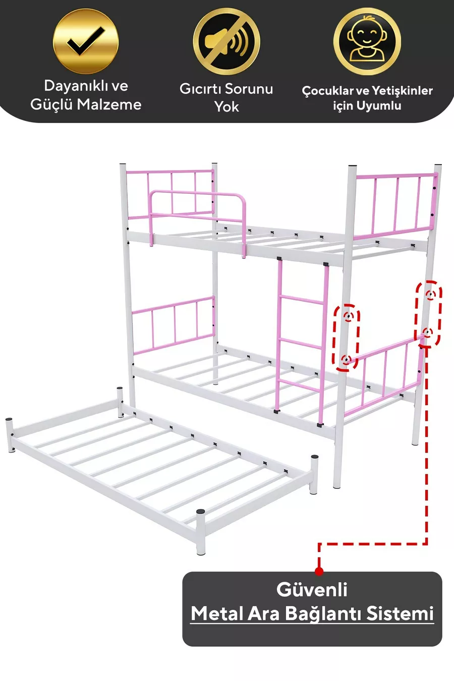 Letto a castello Tekno con cassetti, compatibile per 3 persone, colore rosa chiaro, in metallo