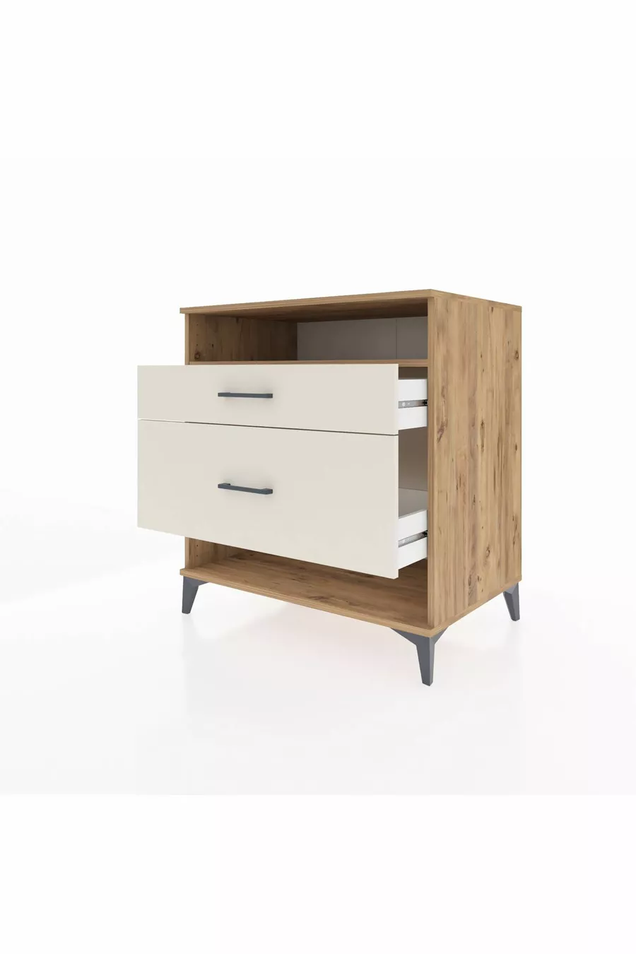 Commode Kronos à une étagère et 2 tiroirs en pin et pierre de lave