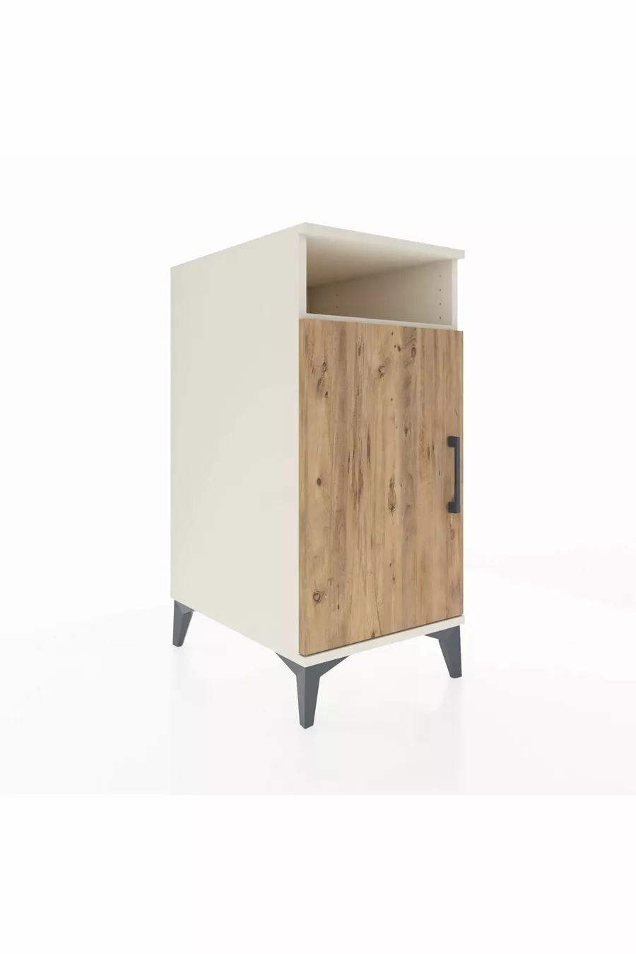 Table de chevet Kronos avec 3 étagères et 1 porte, Pierre de lune-Pin