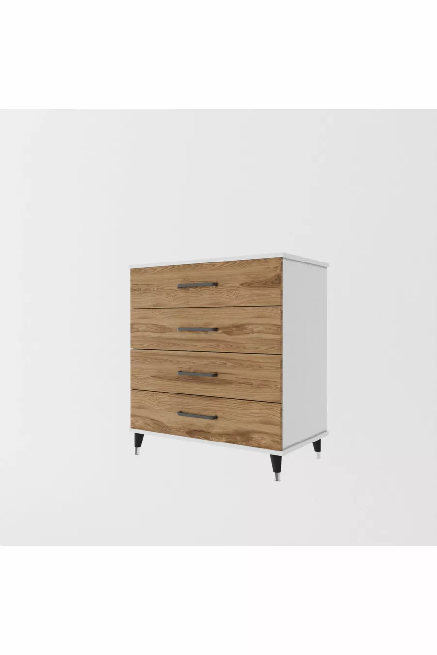 Kommode mit vier Schubladen (GLÄNZEND WEISS + WALNUSS)