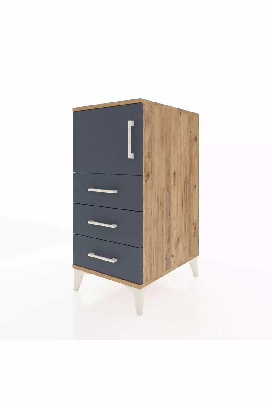 Table de chevet Kronos avec une étagère, 3 tiroirs et une porte, pin-anthracite