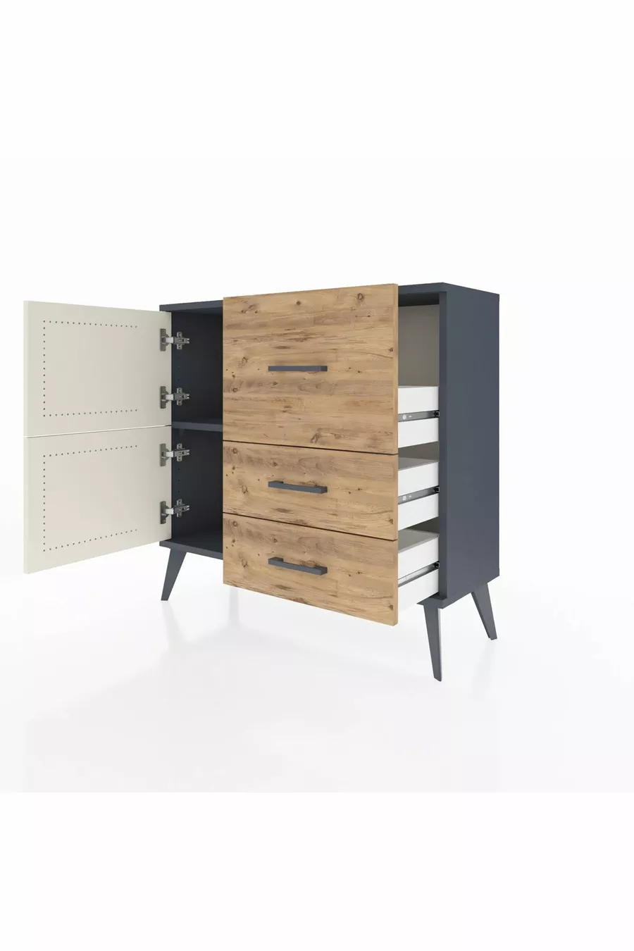 Commode Arges à une étagère, 3 tiroirs et 2 portes, Anthracite-Sable/Pin