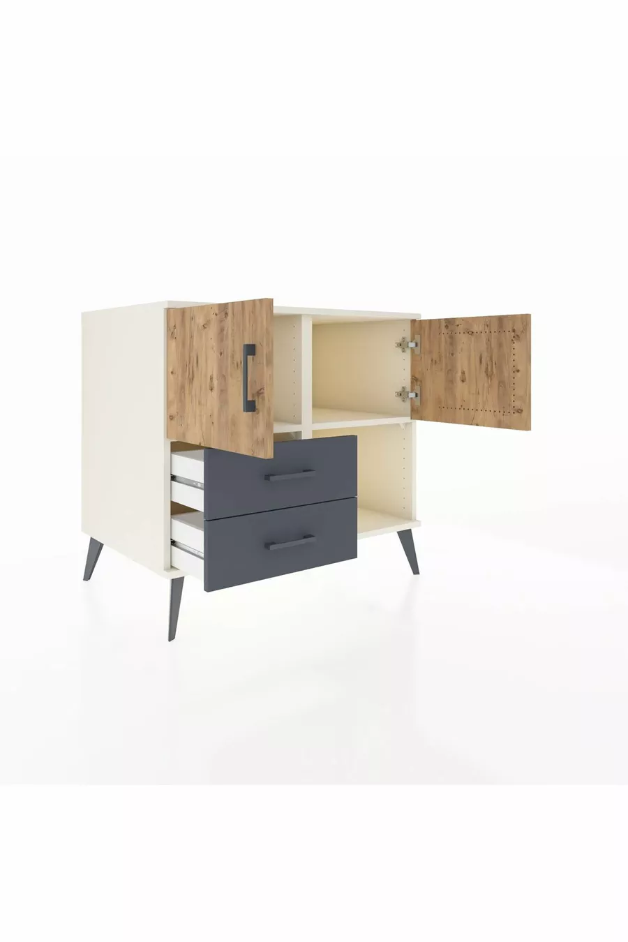 Commode Kronos avec 2 étagères, 2 tiroirs et 2 portes, Pierre de Lune-Pin/Anthracite