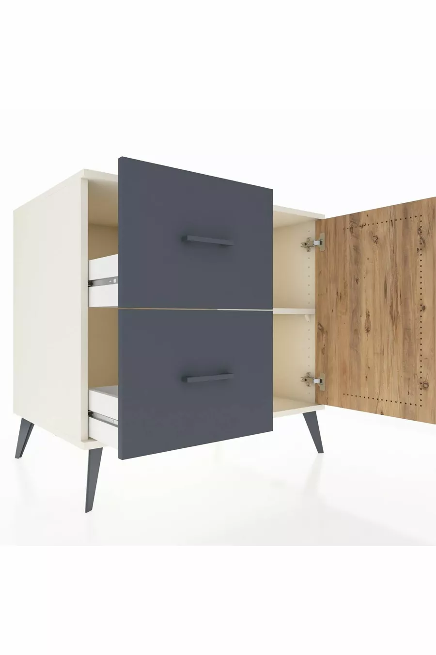 Commode Kronos à une étagère, 2 tiroirs, 1 porte, Pierre de Lune/Pin/Anthracite
