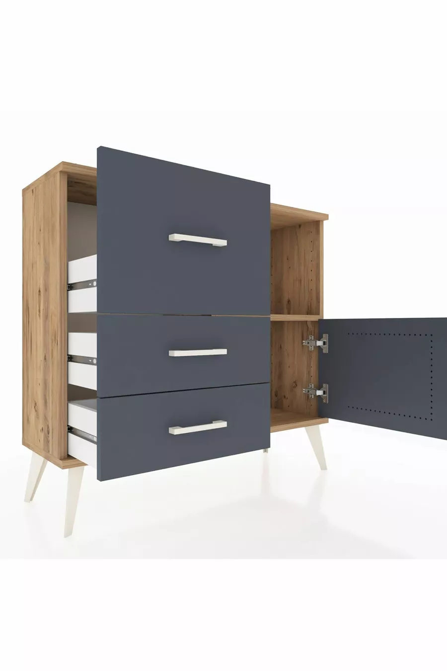 Commode Arges à une étagère, 3 tiroirs et une porte, pin-anthracite