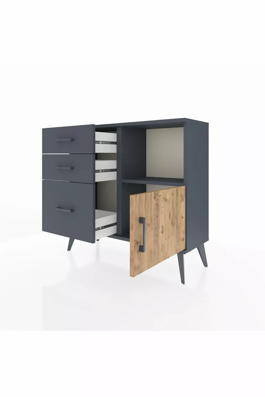 Commode Arges avec une seule étagère, 3 tiroirs et une porte unique Anthracite-Sapin/Anthracite