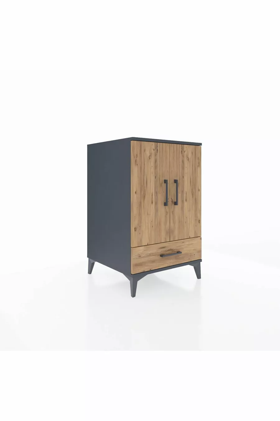 Table de chevet Kronos avec 3 étagères, 1 tiroir et 2 portes, Anthracite-Sapin