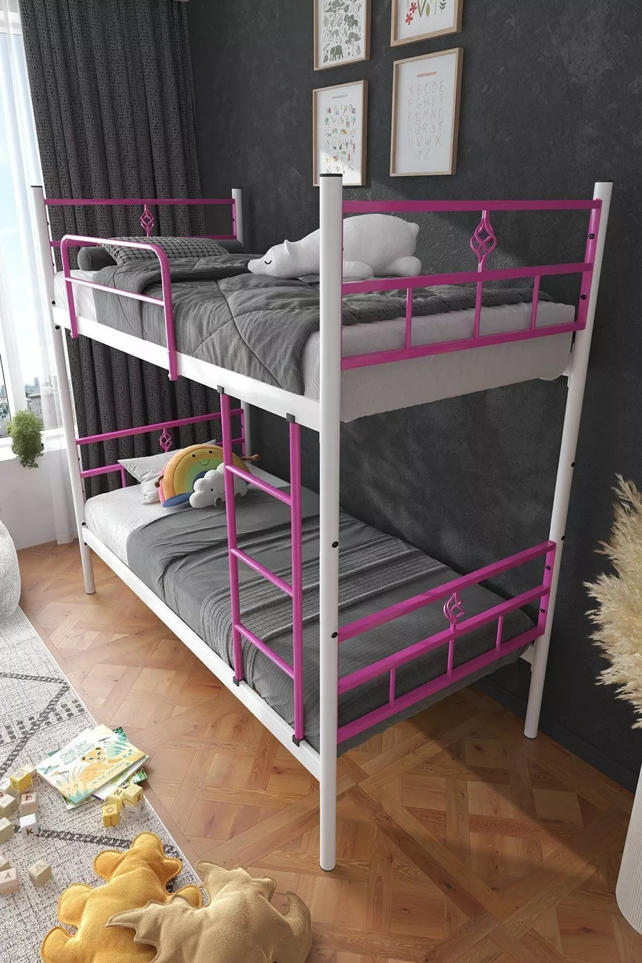 Letto a Castello Koza Ranza Compatibile con Materasso Rosa Scuro con Rete Metallica Separabile